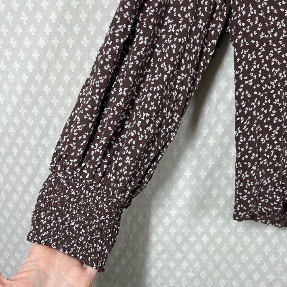 Abercrombie &‎ Fitch Brown White Floral Button Up Puff Sleeve Cropped Top - Picture 6 of 7